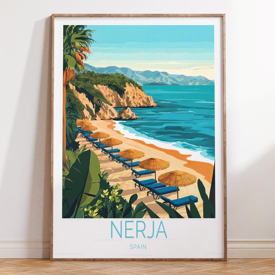 Nerja Spain Sandy Cove Palm Trees and Umbrellas Travel Poster