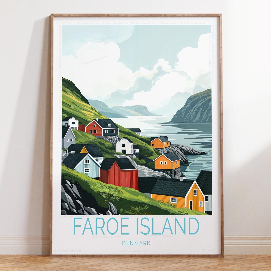 Colorful Faroe Island Village Houses by the Fjord Travel Poster