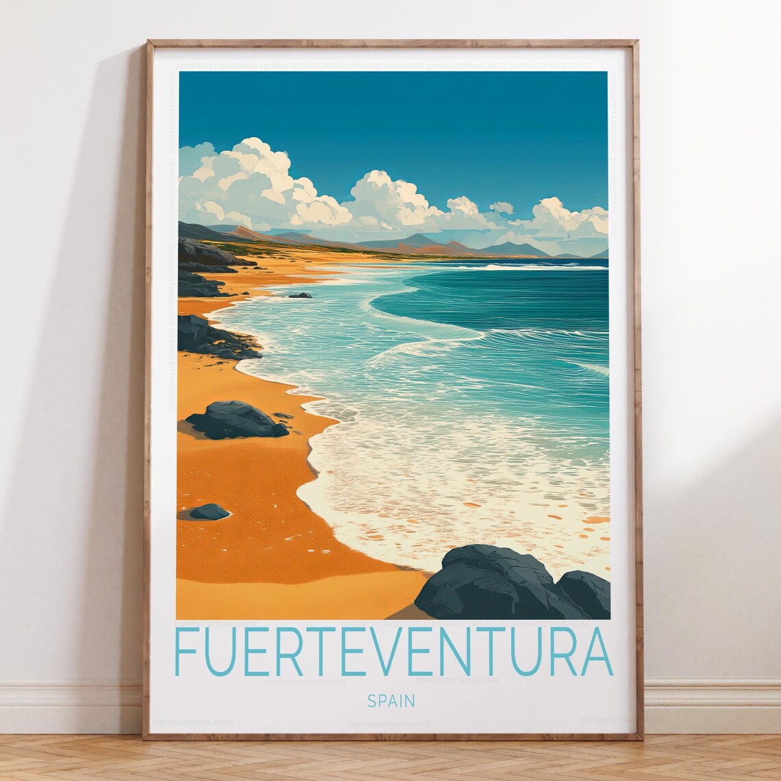 Fuerteventura Spain Volcanic Rock Shoreline Sea View Travel Poster