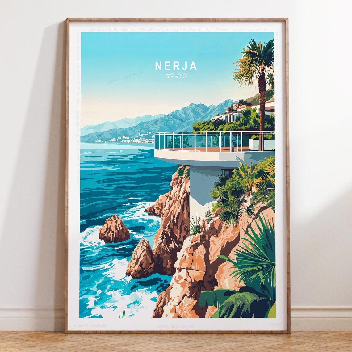 Nerja Spain Travel Poster Showcasing Cliffside Villa and Ocean View