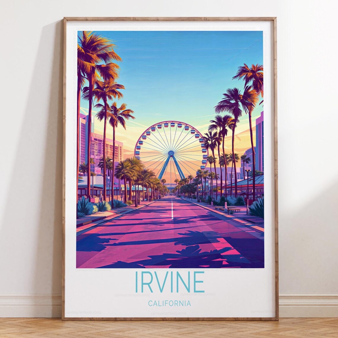 Irvine California Ferris Wheel Palm Lined Street Sunset Poster