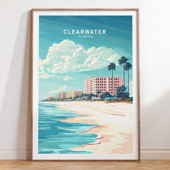 Clearwater Florida Beach Palm Trees Retro Hotel Travel Poster