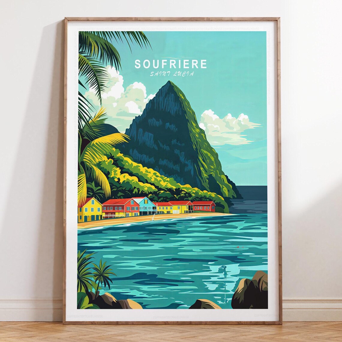 Soufriere Saint Lucia Poster with Petit Piton and Colorful Harbor