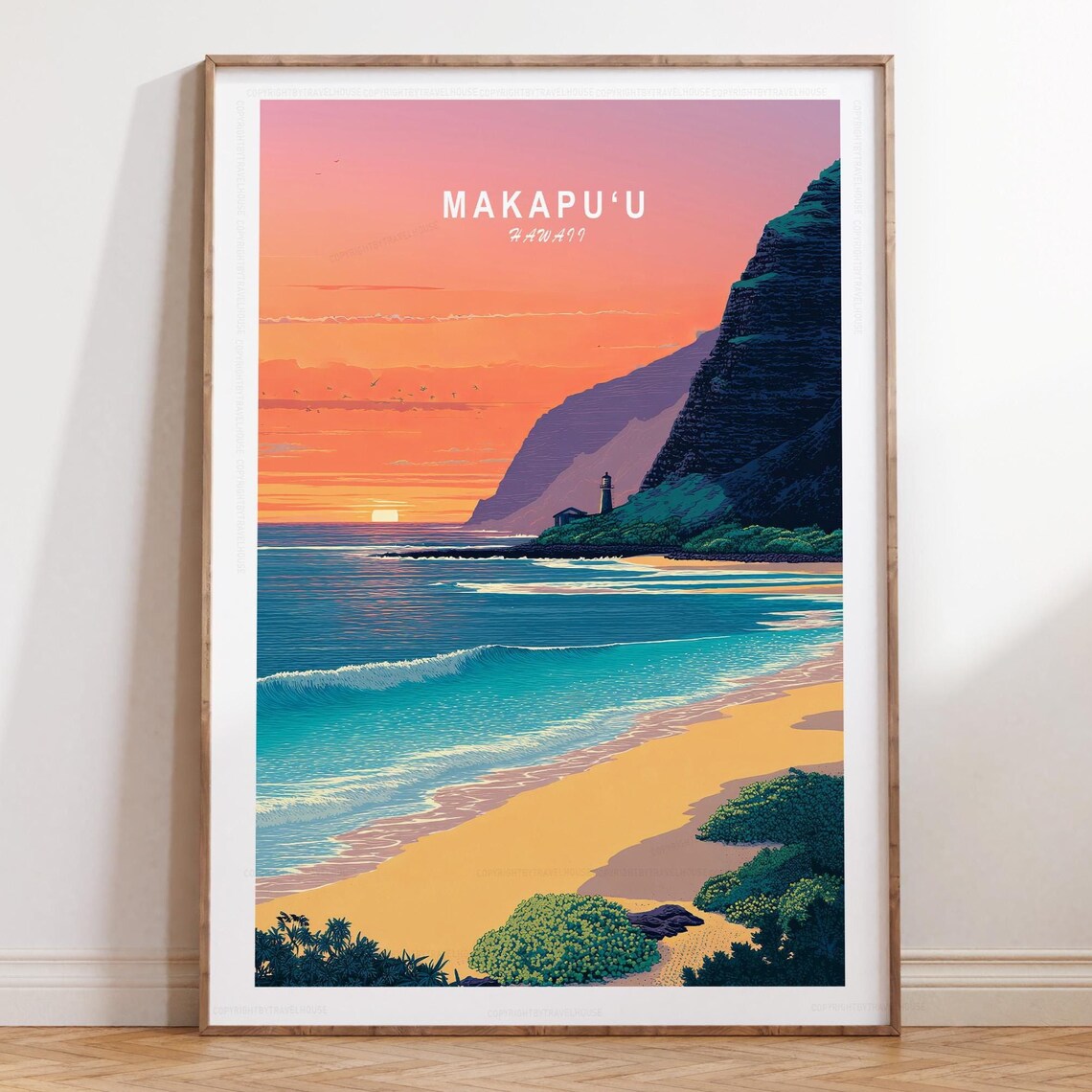 Makapu'u Hawaii Beach Sunset With Cliffs and Lighthouse Top Text Poster