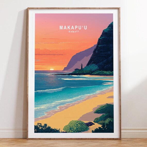 Makapu'u Hawaii Beach Sunset With Cliffs and Lighthouse Top Text Poster