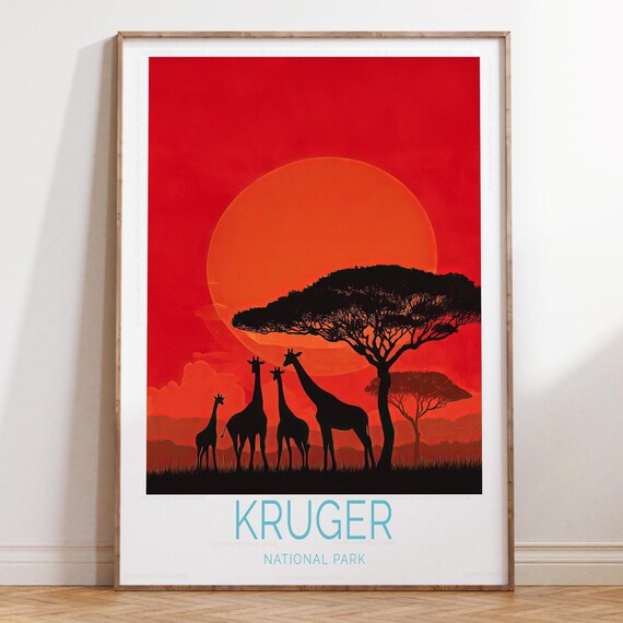 Kruger National Park African Sunset Giraffe Safari Travel Poster
