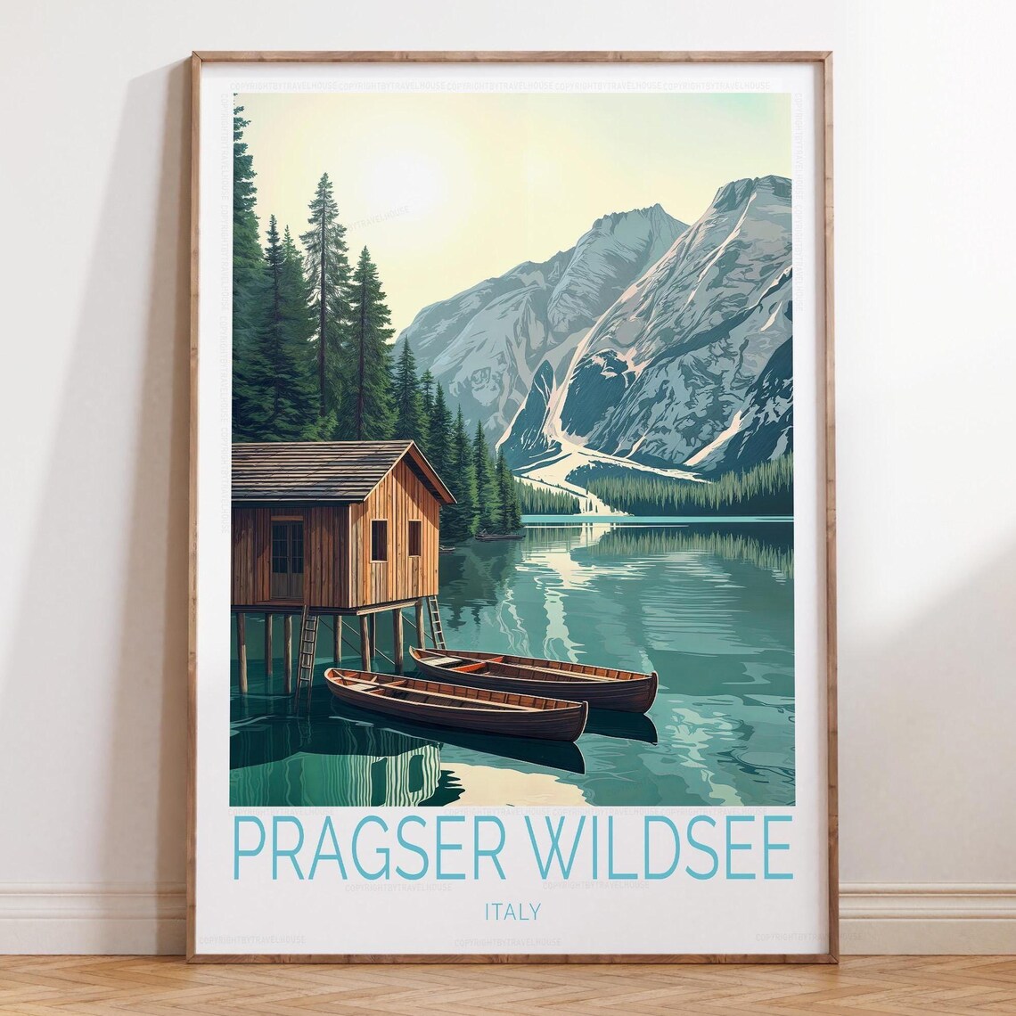 Pragser Wildsee Italy Alpine Lake Boathouse Rowboats Travel Poster