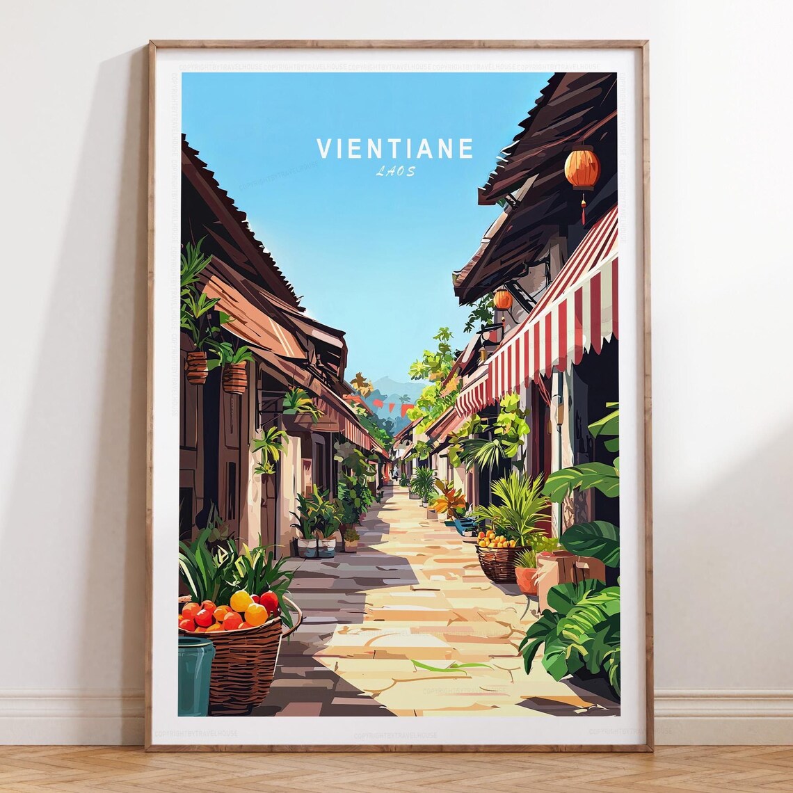 Vientiane Laos Old Market Street With Lanterns Travel Poster