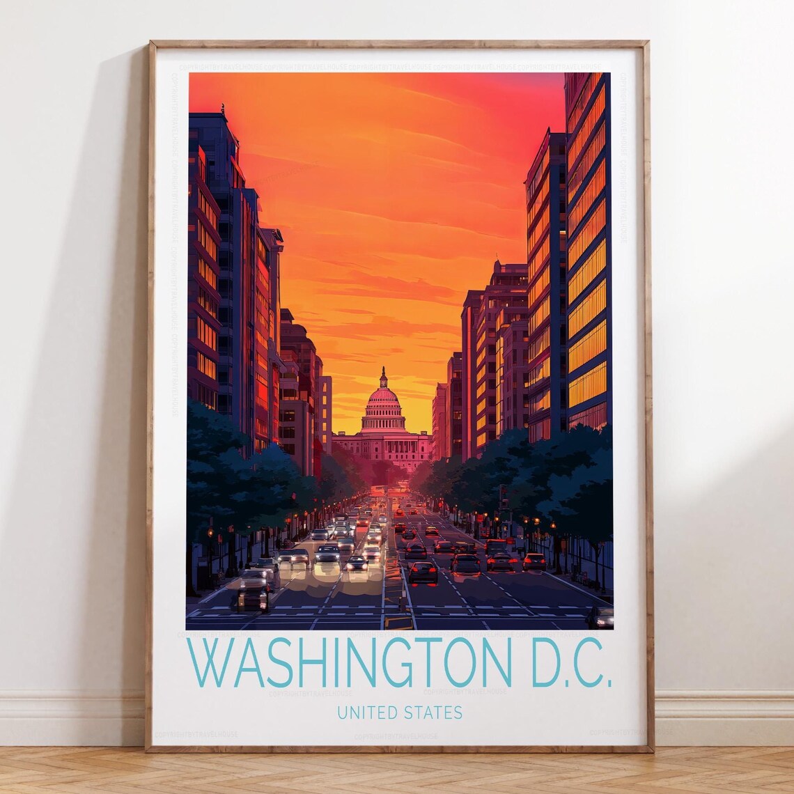 Washington D.C. Capitol Sunset Street Vintage Travel Poster Art