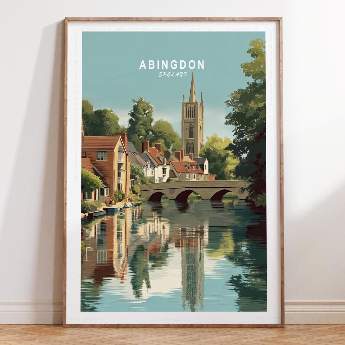 Abingdon England Old Stone Bridge And Church Spire Travel Poster