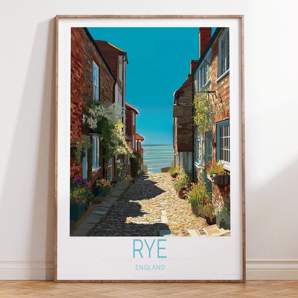 Rye England Cobblestone Street Old Town Seaside Travel Poster