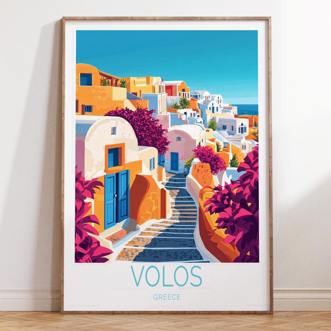 Volos Greece Blue Door Village Steps Bottom Text Travel Poster