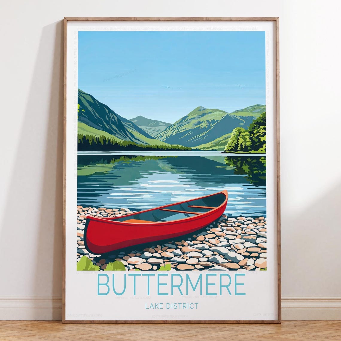 Buttermere Lake District Red Canoe on Rocky Lakeshore Poster