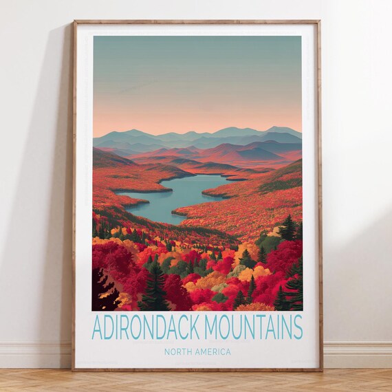 Adirondack Mountains Peak Fall Foliage Winding Lake View Poster