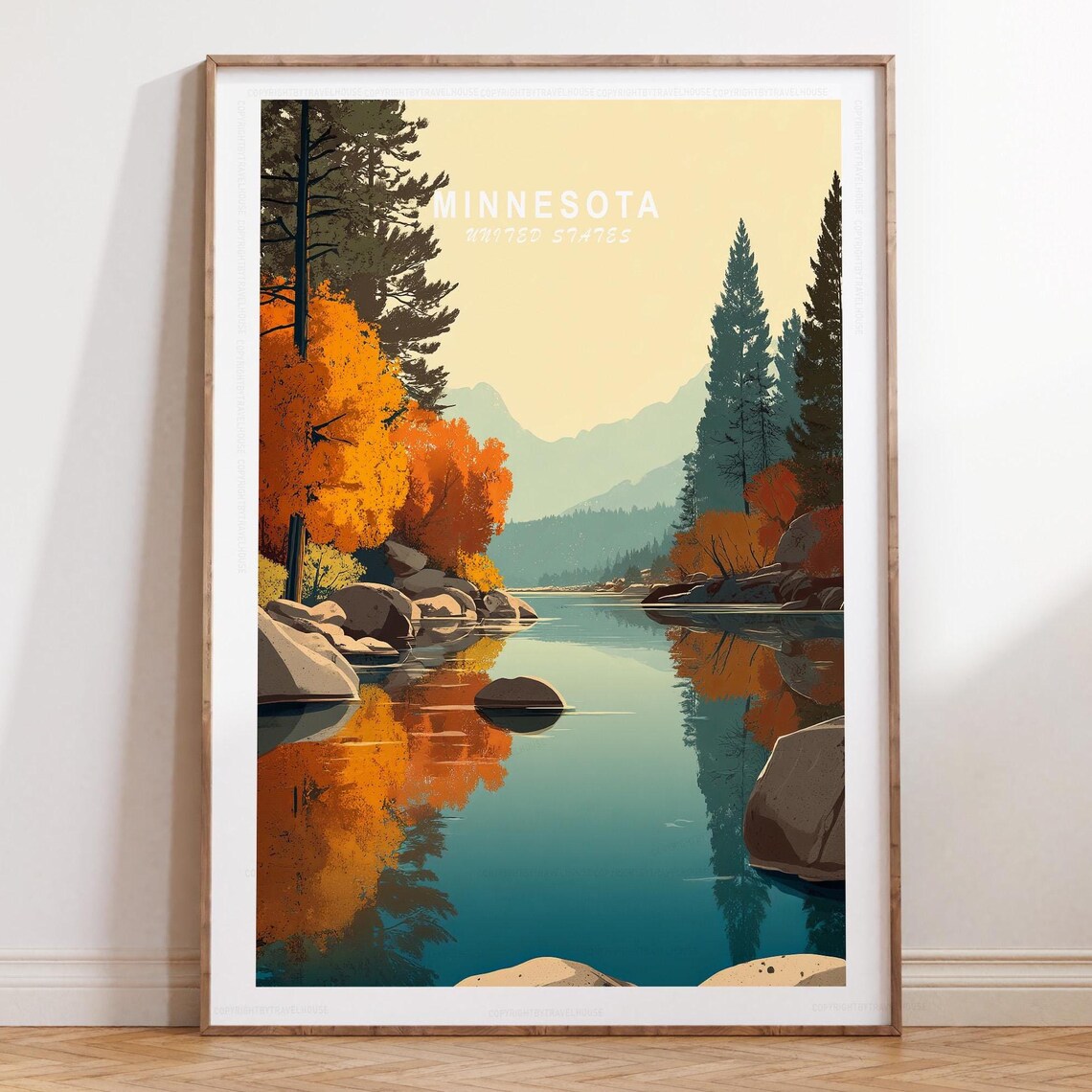 Minnesota Autumn Lake Travel Poster With Orange Forest Reflection