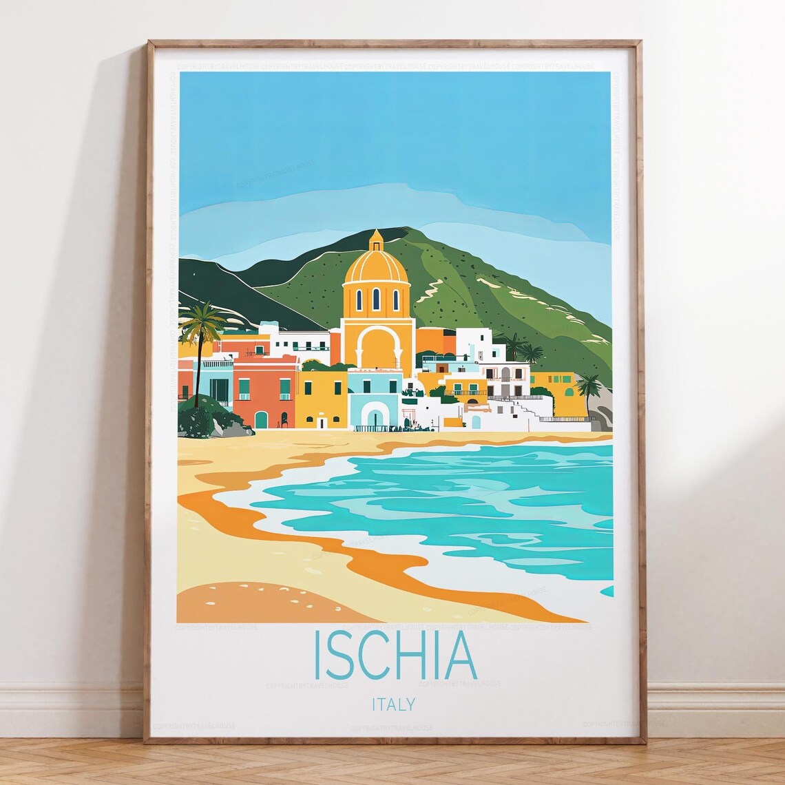 Ischia Italy Beachfront Dome Church Golden Sand Vintage Travel Poster