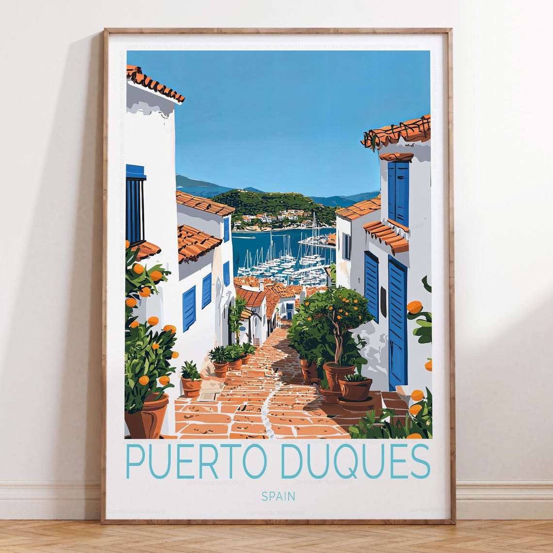 Puerto Duques Spain Harbor Street Blue Shutters Travel Poster