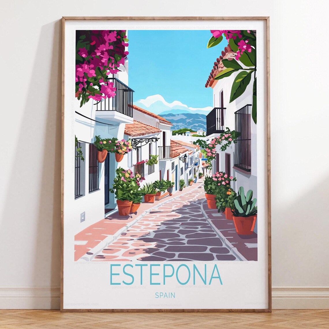 Estepona Spain Whitewashed Flower Alley Cobblestone Travel Poster