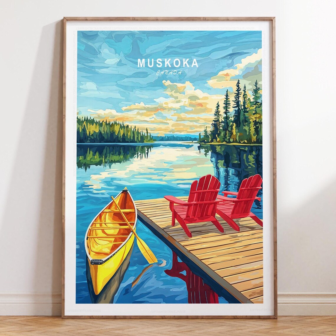 Muskoka Canada Canoe Red Chairs Dock Lake Cabin Retro Travel Poster