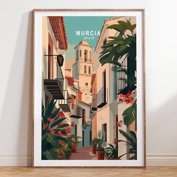 Murcia Spain Balcony Lined Street Bell Tower Evening Travel Poster