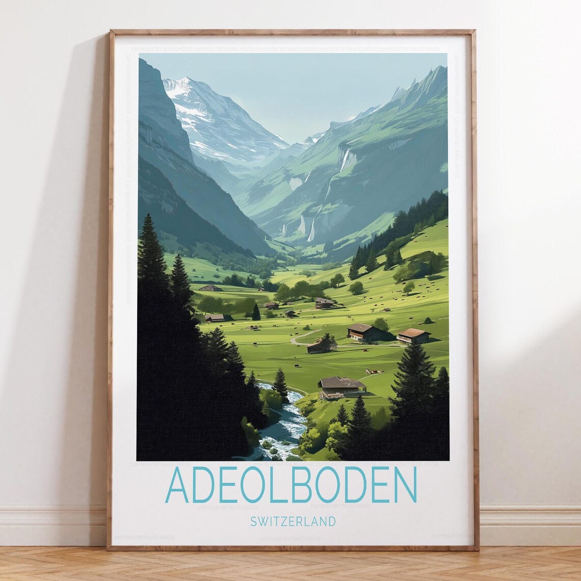 Adelboden Switzerland Alpine Valley Teal Caption Retro Travel Poster