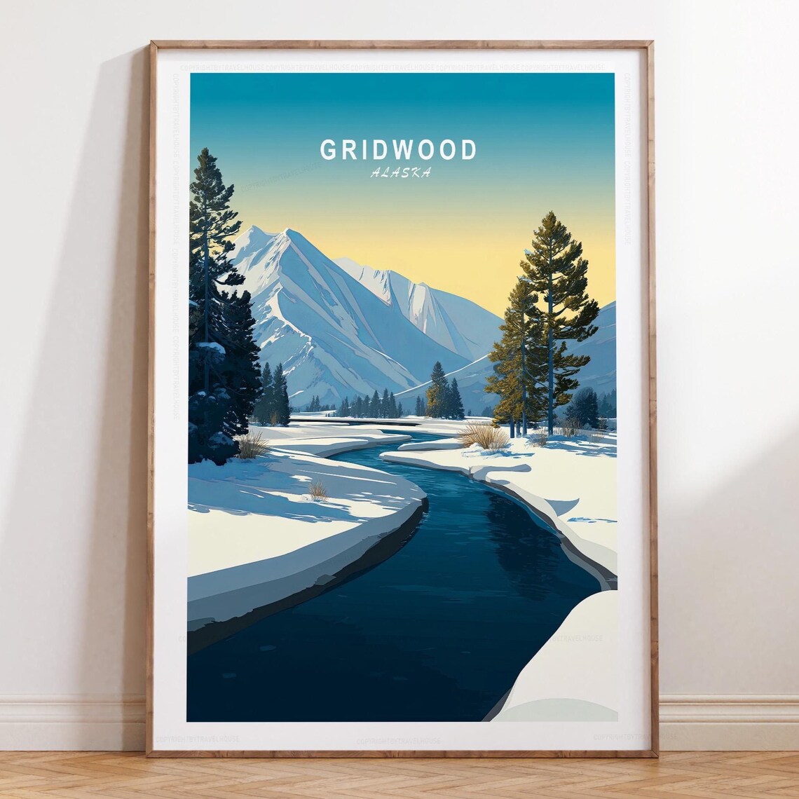 Gridwood Alaska Teal Sky Snowy River Winter Mountain Travel Poster