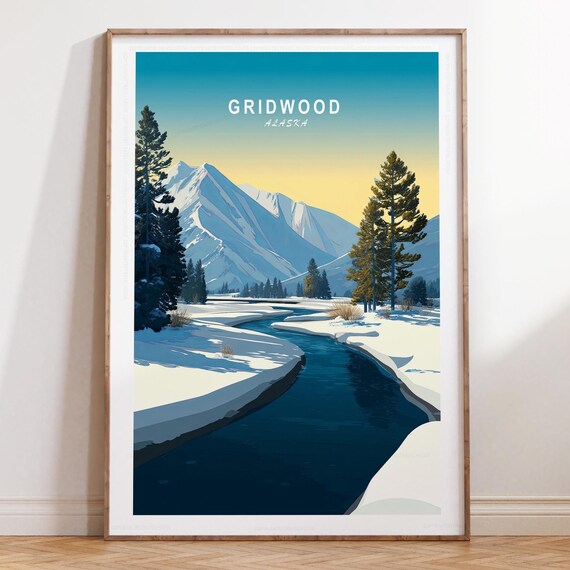 Gridwood Alaska Teal Sky Snowy River Winter Mountain Travel Poster