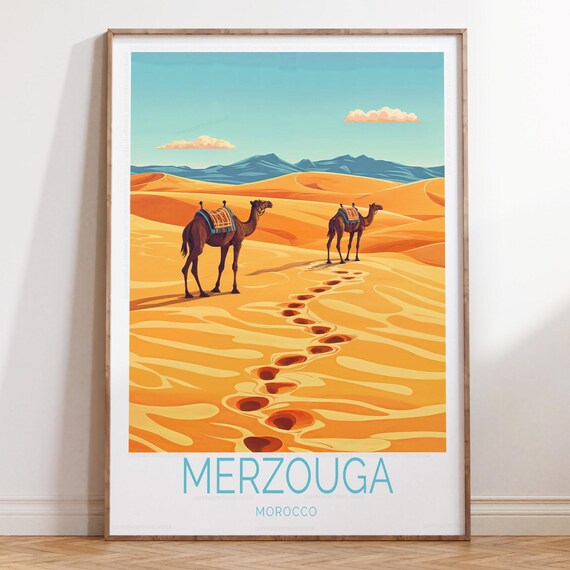 Merzouga Morocco Camel Caravan Golden Desert Dunes Travel Poster