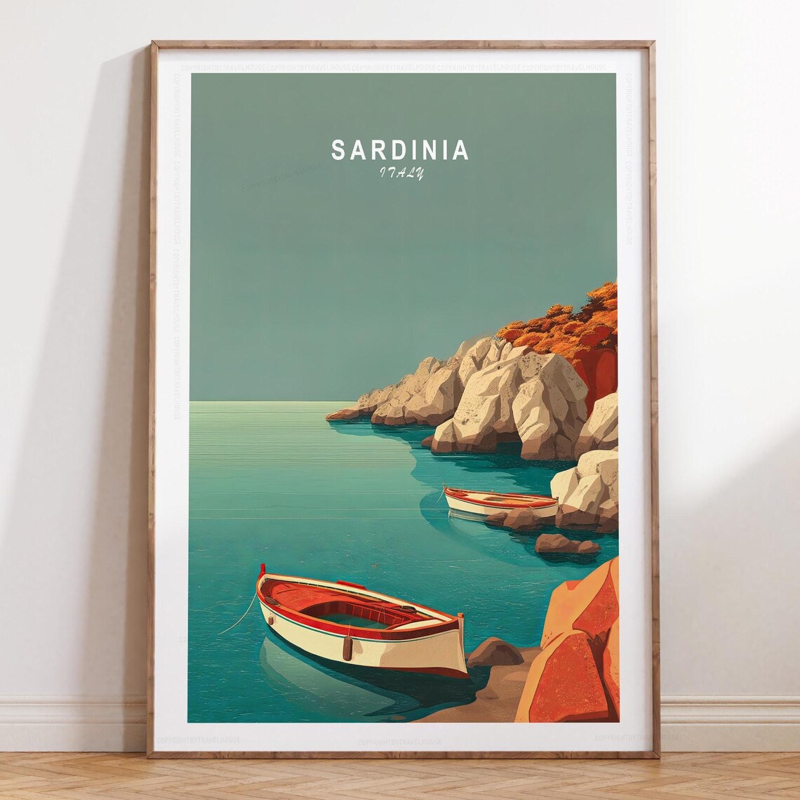 Sardinia Italy Vintage Travel Poster with Red Boats by the Shore