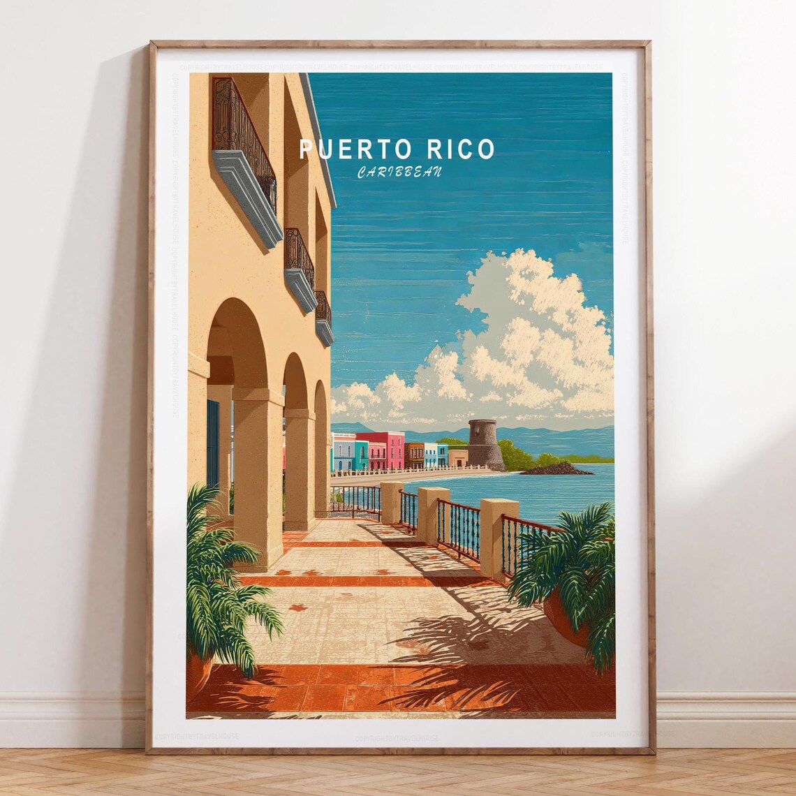 Puerto Rico Caribbean Colonial Arcade Courtyard View Travel Poster