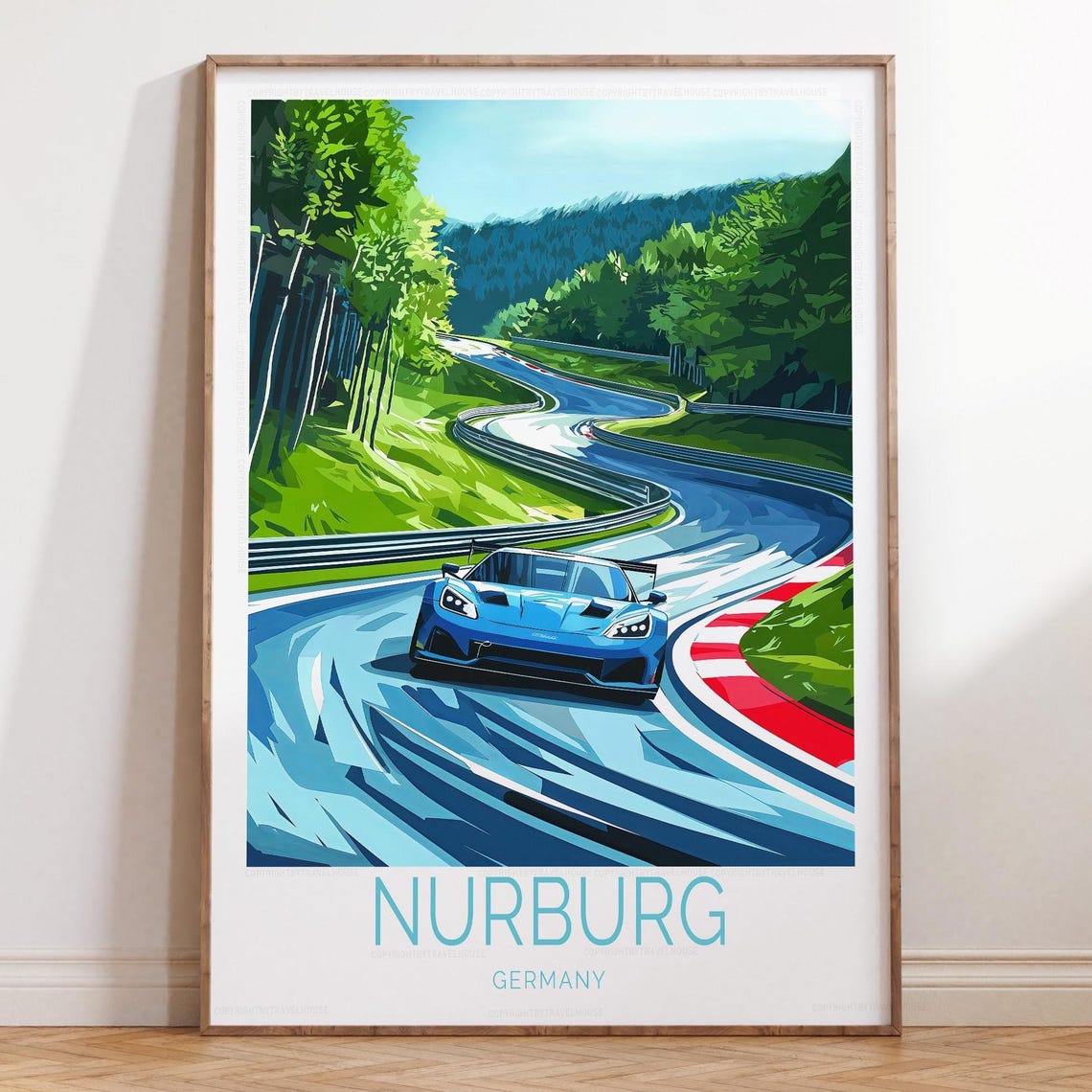 Dynamic Nurburgring Blue Sports Car Racing on the Track Poster