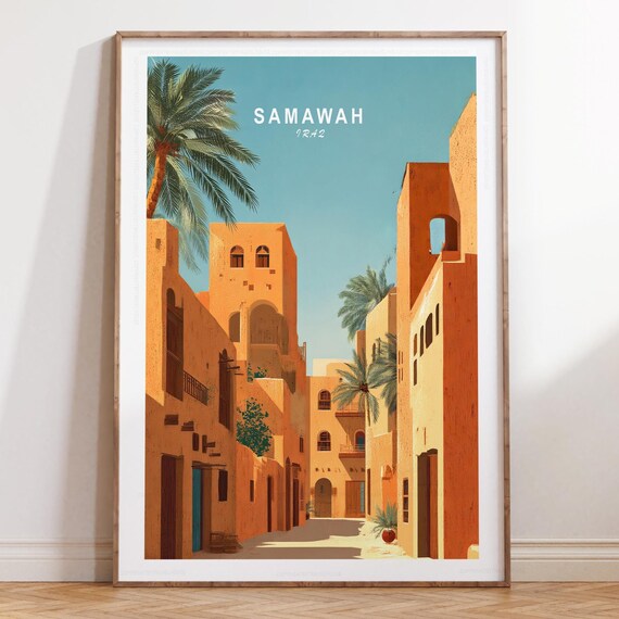 Samawah Iraq Desert Old Town Skyline Palm Vintage Travel Poster