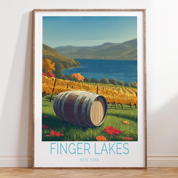 Finger Lakes New York Harvest Vineyard Barrel Lake Travel Poster