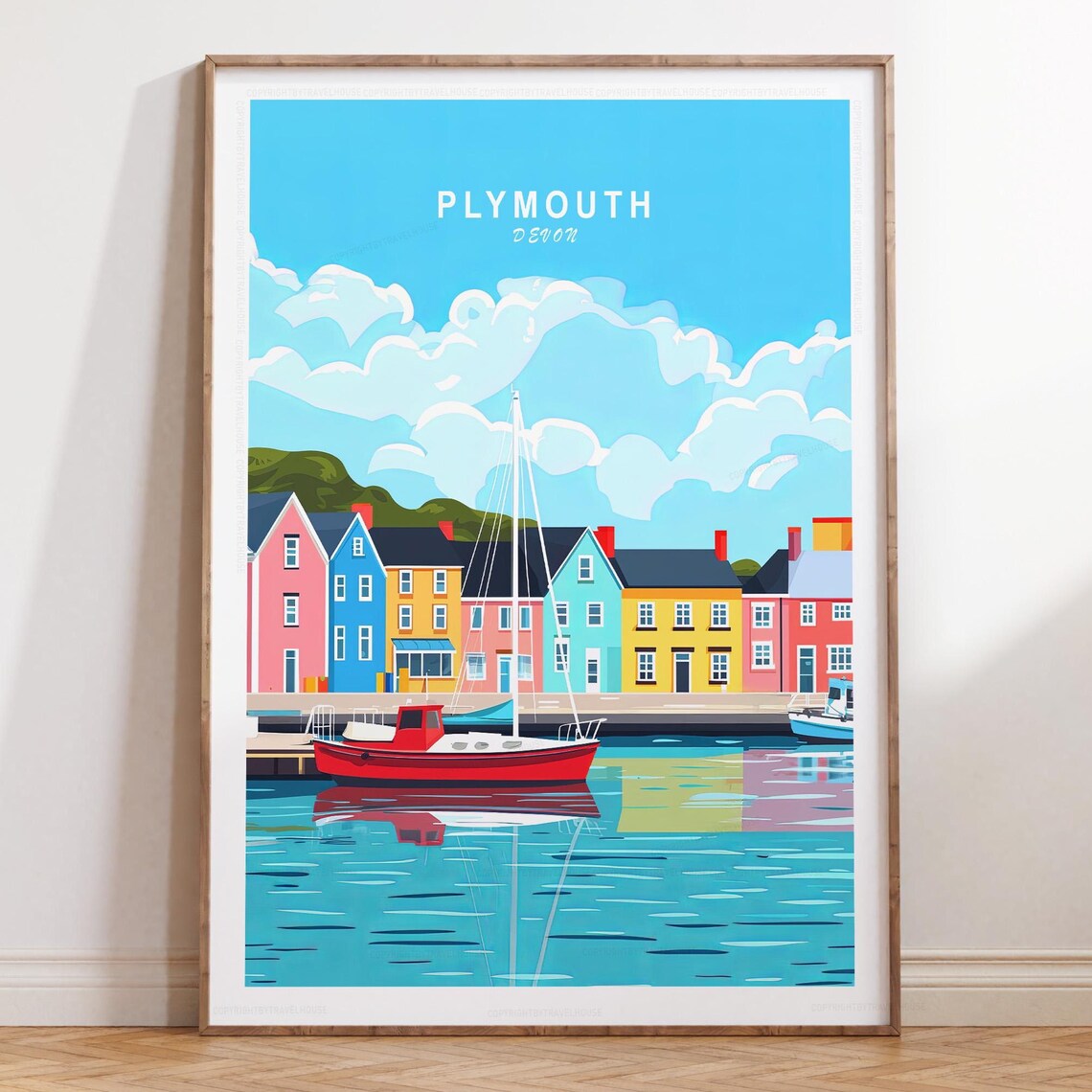Plymouth Devon Colorful Harbor Houses Red Boat Travel Poster