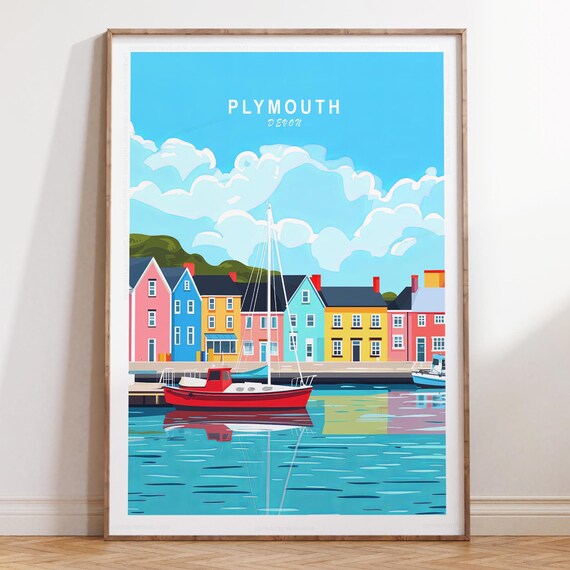 Plymouth Devon Colorful Harbor Houses Red Boat Travel Poster
