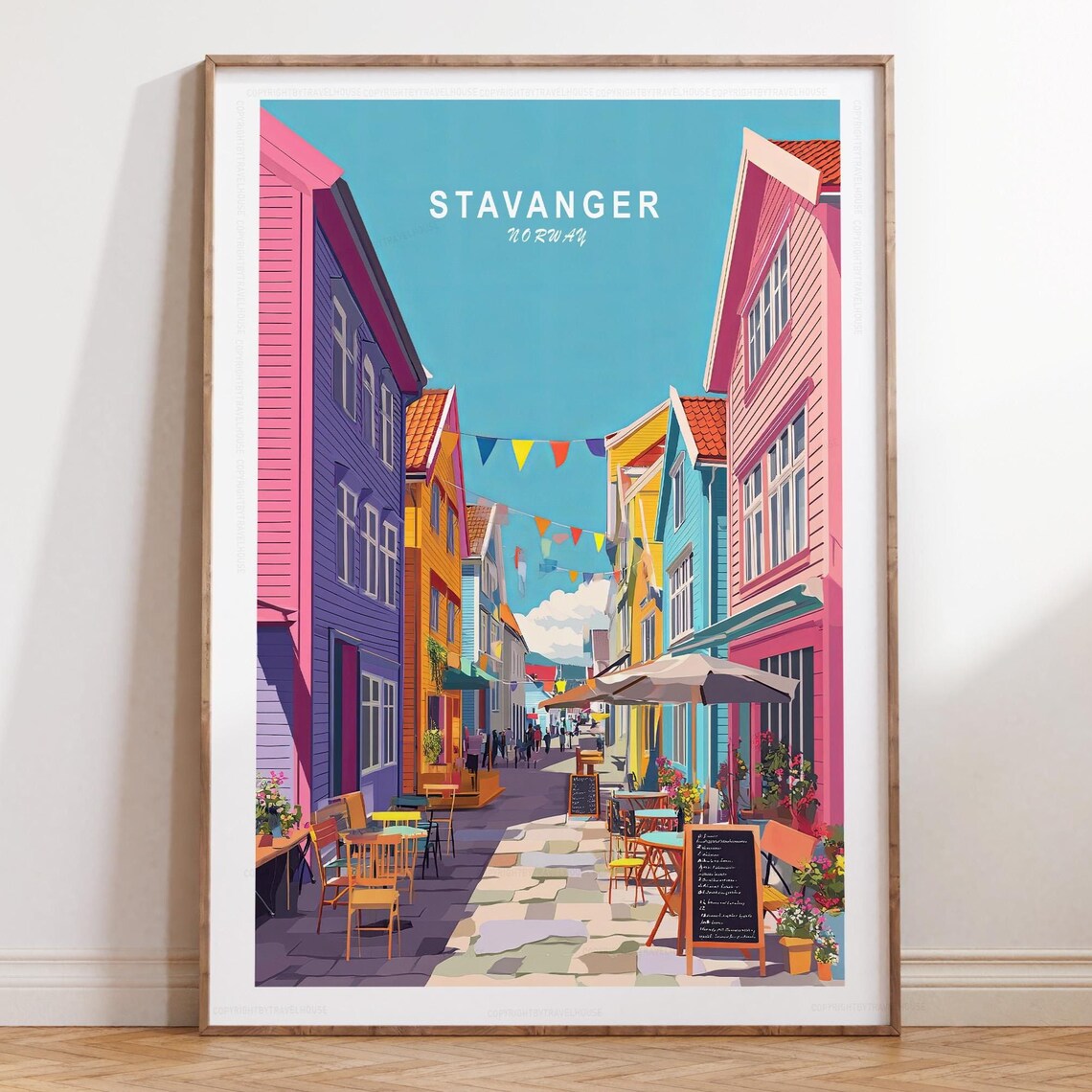 Stavanger Norway Colorful Cafe Street Blue Sky Travel Poster
