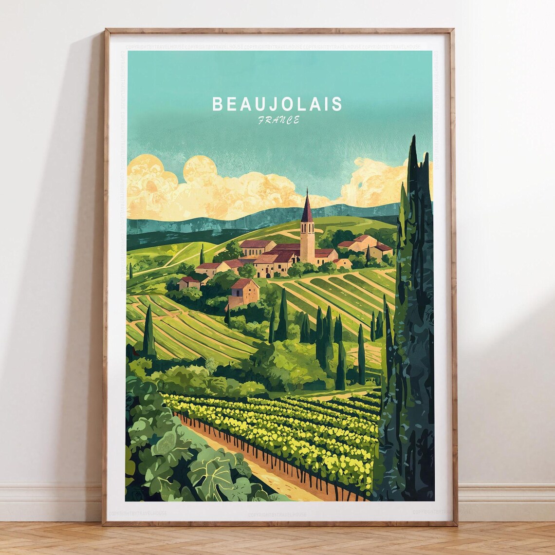 Beaujolais France Vineyard Village Hills Illustrated Travel Poster