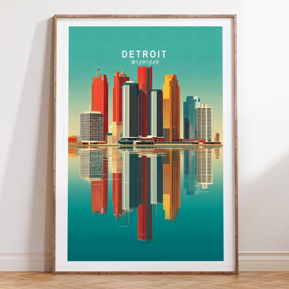 Detroit Michigan Downtown Skyline Mirrored Water Travel Poster