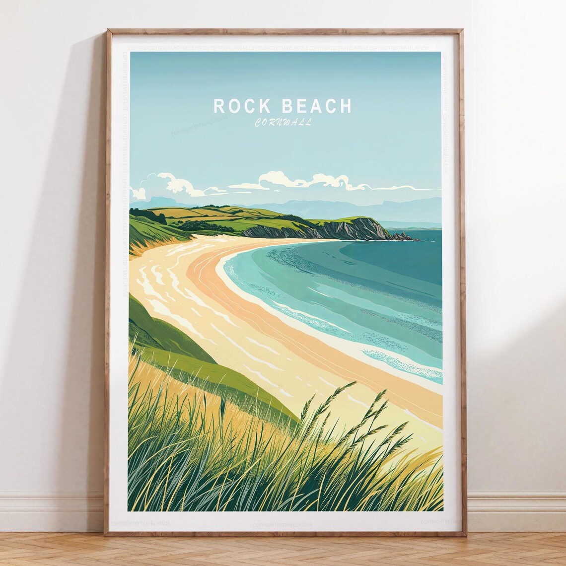Rock Beach Cornwall Sandy Bay Headland Minimalist Beach Travel Poster