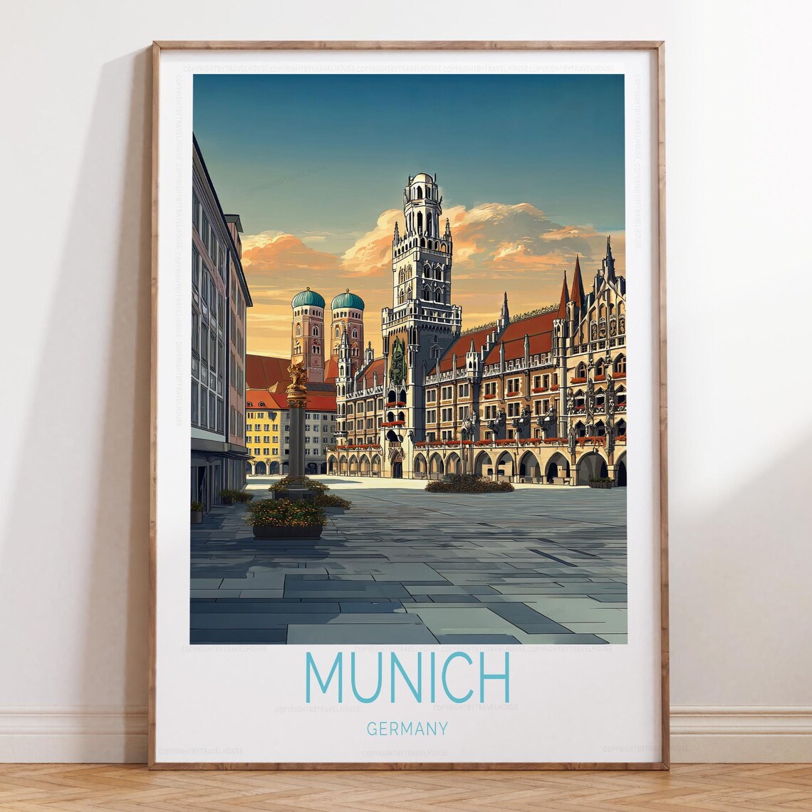 Munich Germany Marienplatz Town Hall Golden Sunset Travel Poster