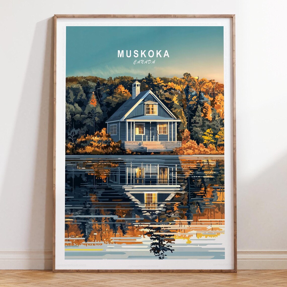 Muskoka Canada Lakeside Cabin Reflection Autumn Dusk Travel Poster