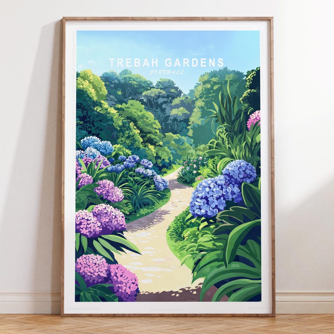 Trebah Gardens Cornwall Lush Hydrangea Walk Travel Poster Artwork