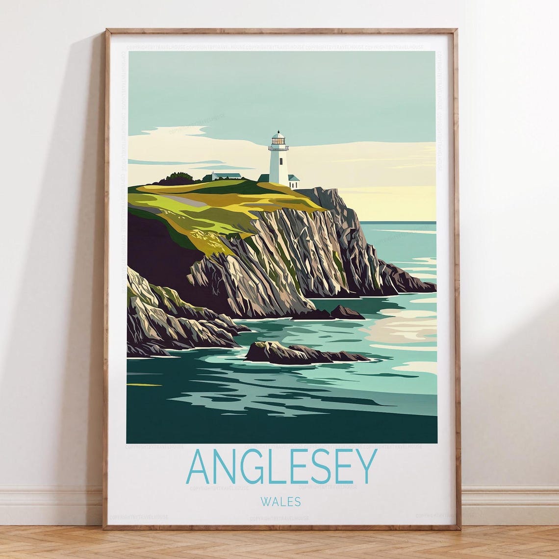 Anglesey Wales White Lighthouse Over Rocky Cliffs Vintage Poster