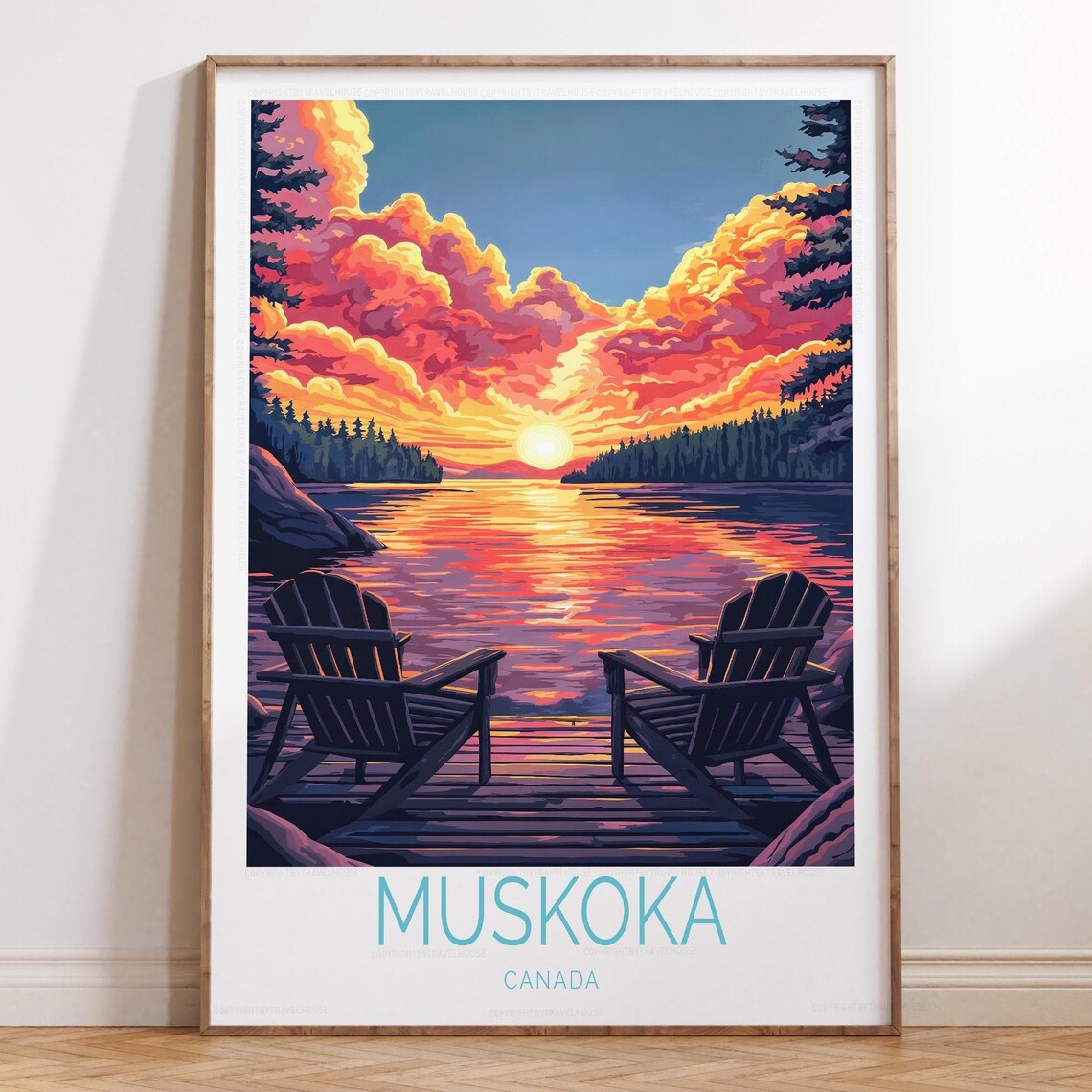 Muskoka Canada Lake Sunset Dock Adirondack Chairs Travel Poster