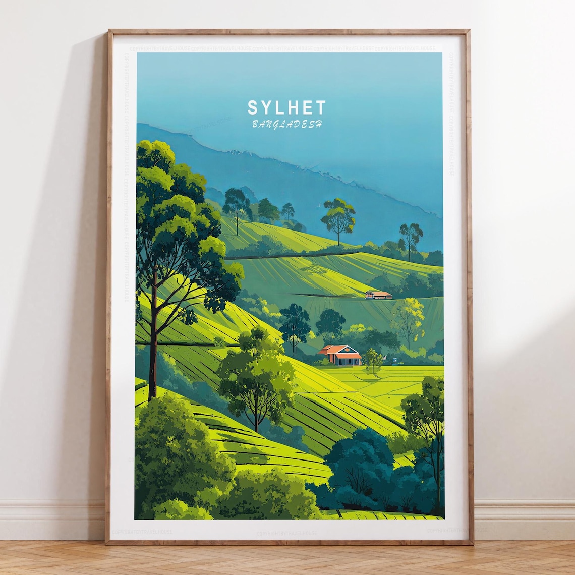 Sylhet Bangladesh Green Tea Fields Blue Mountain Travel Poster