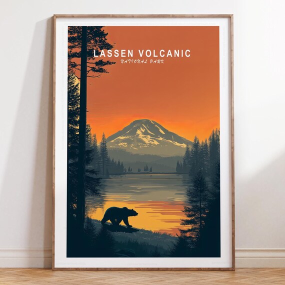 Lassen Volcanic National Park Poster - Bear Lake Sunset With Title Above