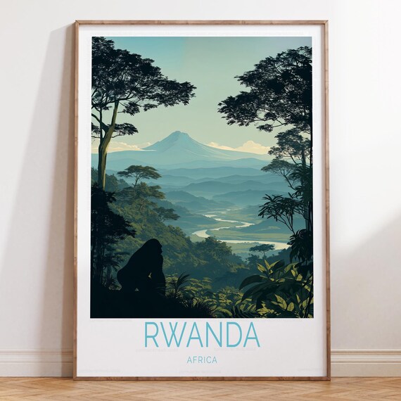Rwanda Africa Gorilla Silhouette Over Misty River Valley Art Poster