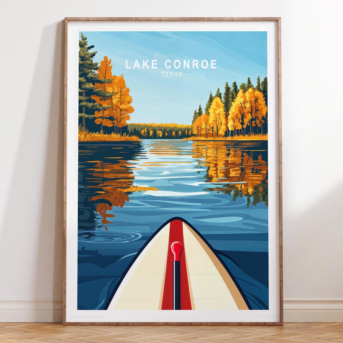 Lake Conroe Texas Golden Autumn Trees Paddleboard Travel Poster