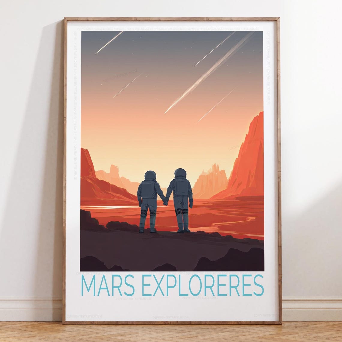 Mars Explorers Astronaut Couple Holding Hands Under Meteor Sky Poster