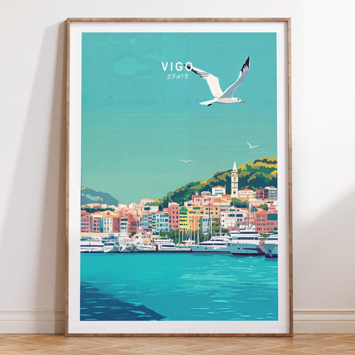 Vigo Spain Seagull Soaring Above Marina Yachts Galician Travel Poster